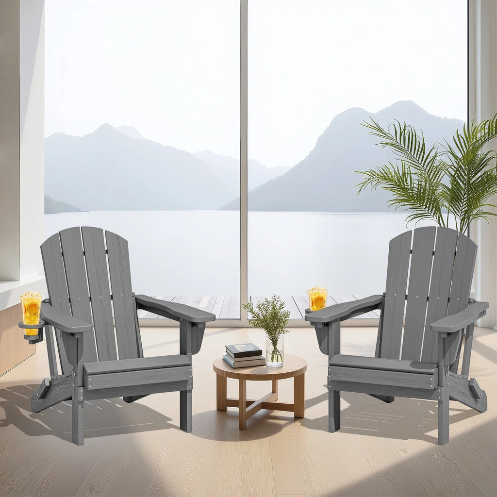SERWALL Outdoor Adjustable Folding HDPE Adirondack Chairs Set of 2 with Cup Holder, Gray