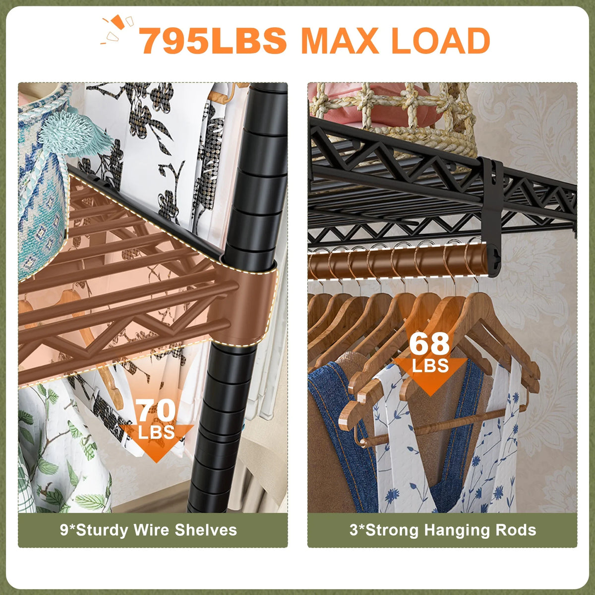 EnHomee Clothing Rack Portable Closet Organizer with 9 Shelves & 3 Rods,Heavy Duty Adjustable Wardrobe Rack 795 LBS Capacity"Black