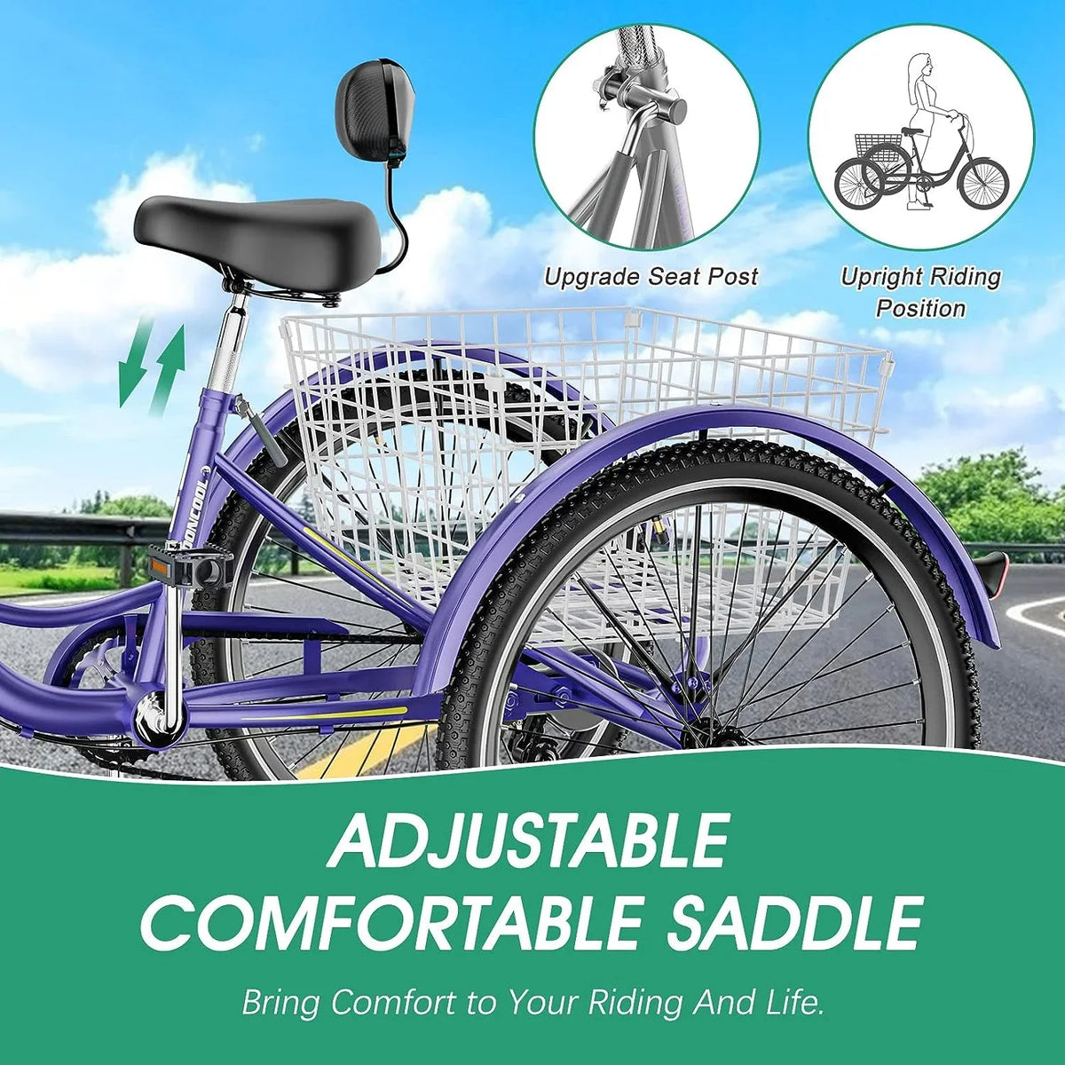 MOONCOOL Adult Tricycles with Rear Basket & Inflator, 24 26 inch 7 Speed 3 Wheel Bikes, Three-Wheeled Bicycles Adult Trike with Backrest for Seniors, Women, Men