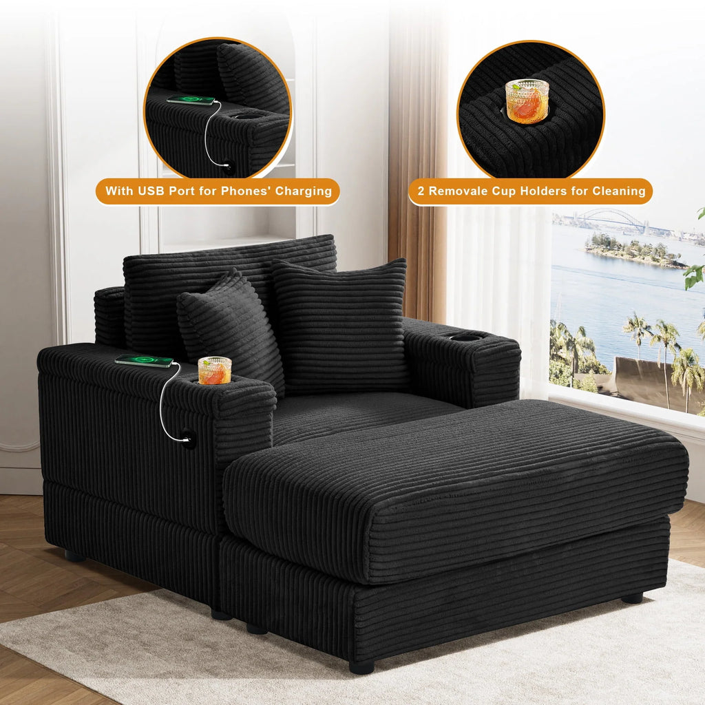 Wiilayok Oversized Lounge Chair Indoor,54" Corduroy Cloud Chaise Lounge Couch Indoor with Ottoman,Cup Holder for Living Room,Bedroom,Beige