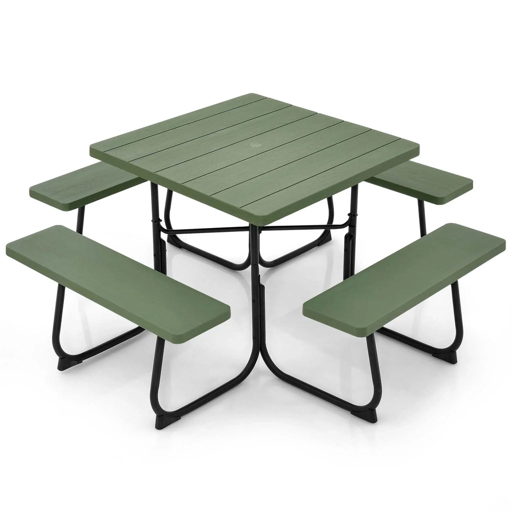 Costway Outdoor 8-person Square Picnic Table Bench Set with 4 Benches & Umbrella Hole White