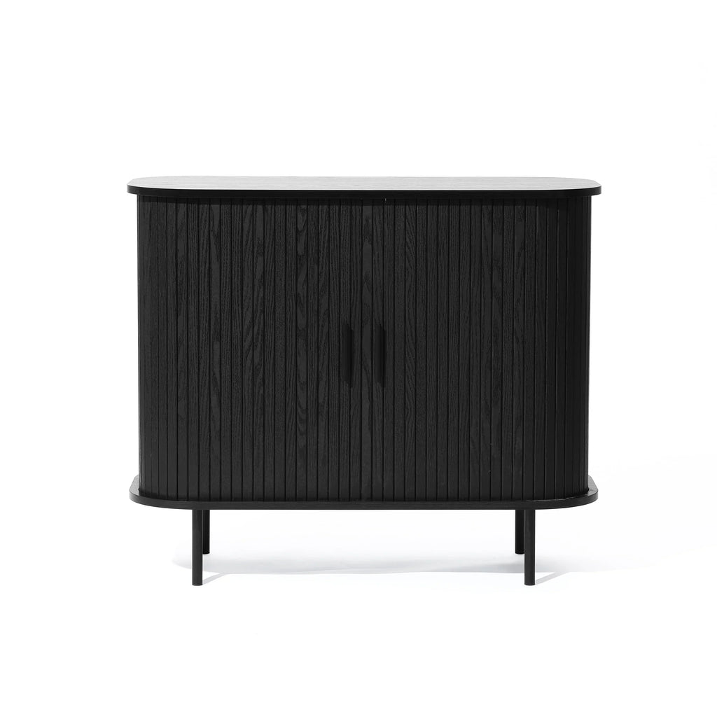 LuxenHome 35" Mid Century Modern Accent Cabinet, Small Buffet Cabinet with Sliding Door, Oak