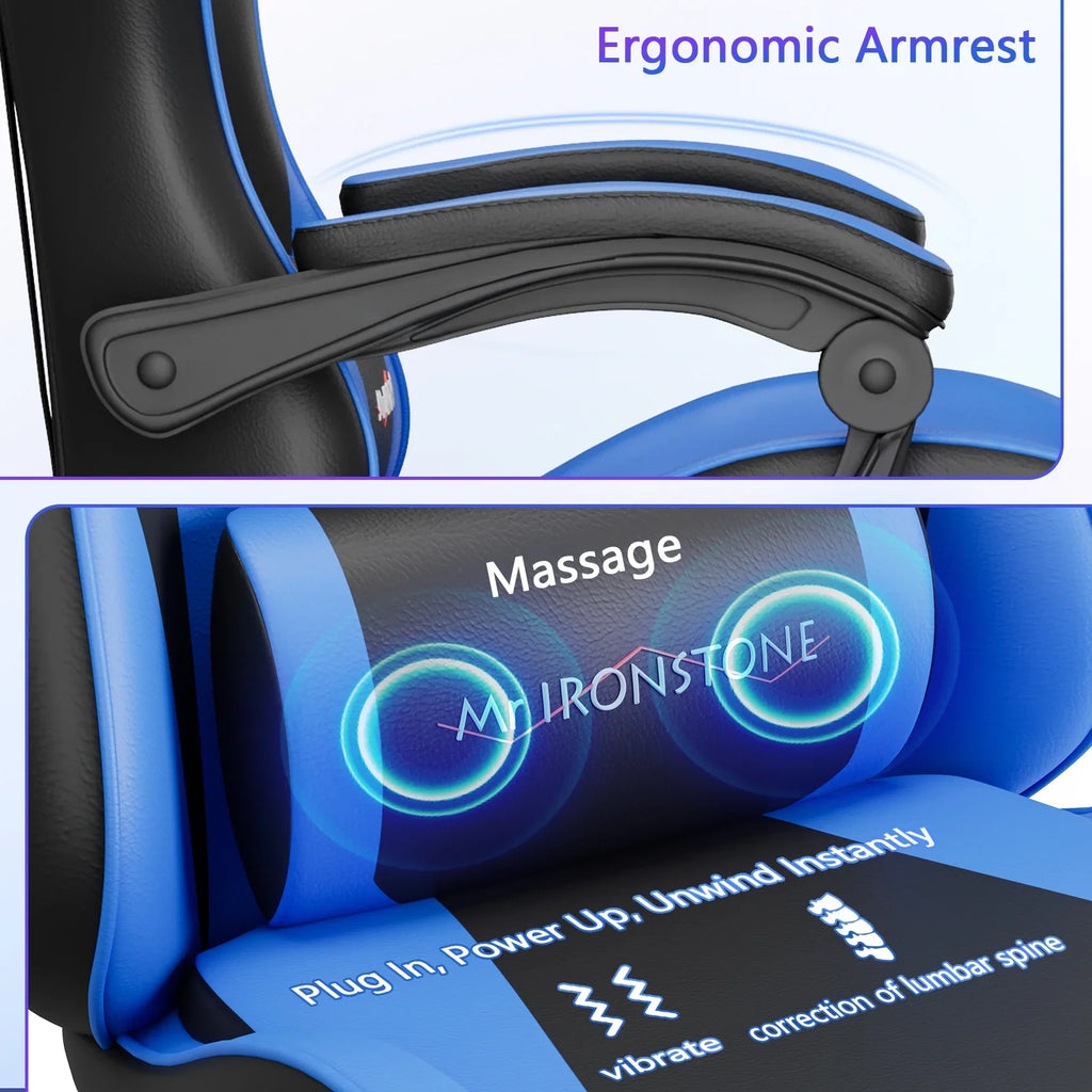 Mr IRONSTONE Office Gaming Chair with Footrest & Lumbar Support, Ergonomic Adjustable Computer Chair with Swivel Seat & Headrest, Blue