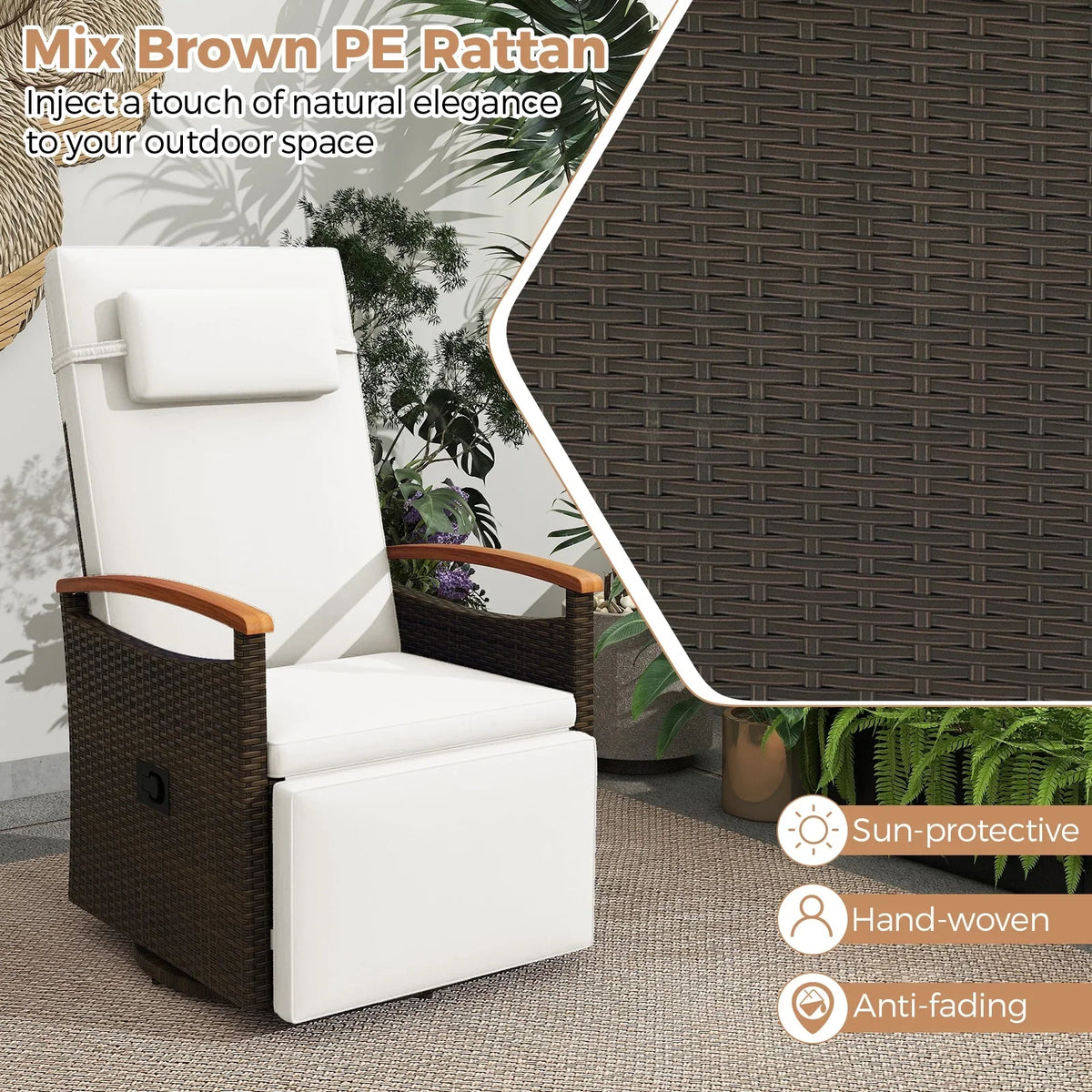 Costway Outdoor 360" Swivel Rattan Recliner Chair Patio Wicker Chaise Lounge Chair Beige