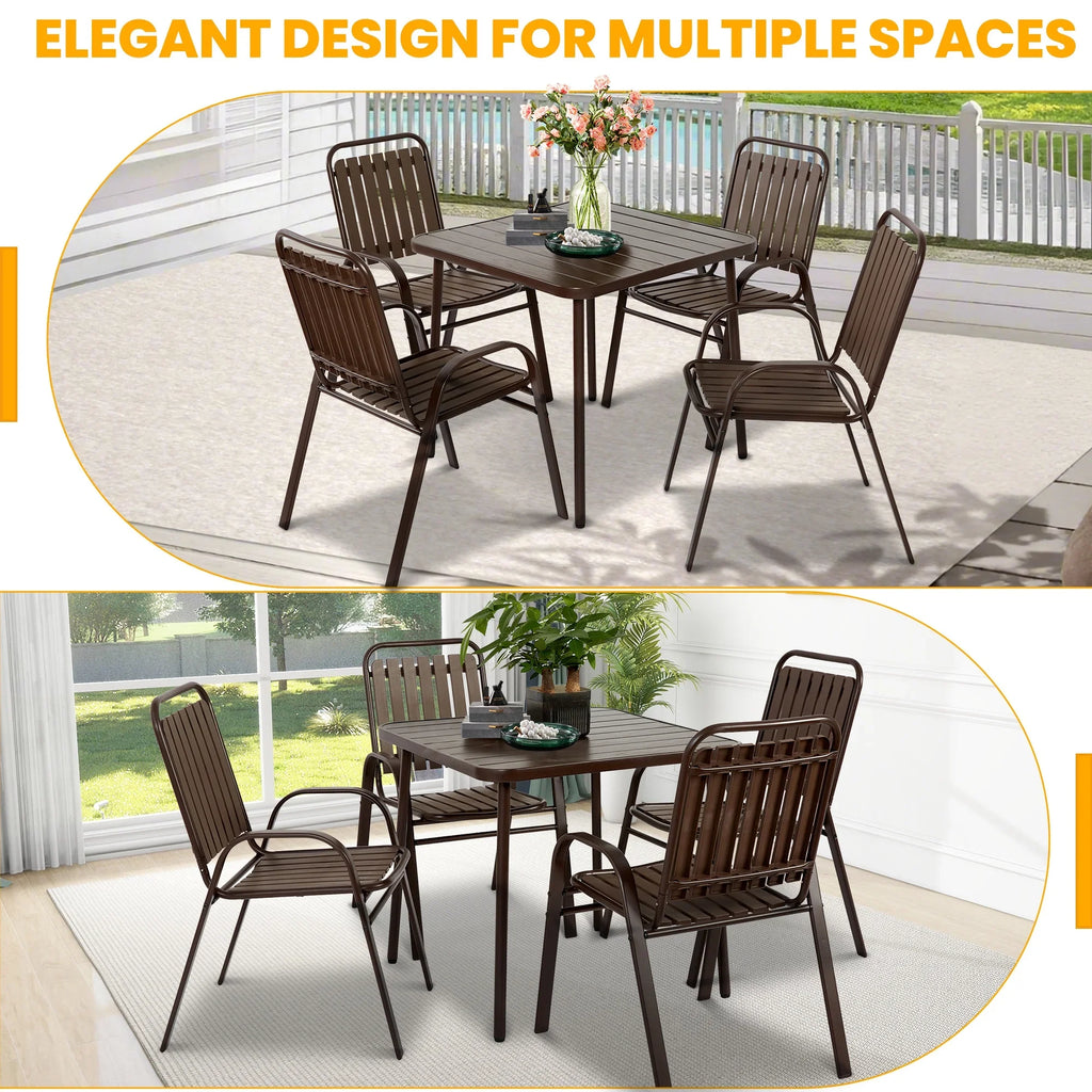 Seizeen 7-Piece Outdoor Table and Chairs, Patio Table Set with 6 Rattan Chairs, All-weather Outdoor Patio Dining Sets Rectangular Metal Table with Acacia Wood Top, Umbrella Hole, Gray