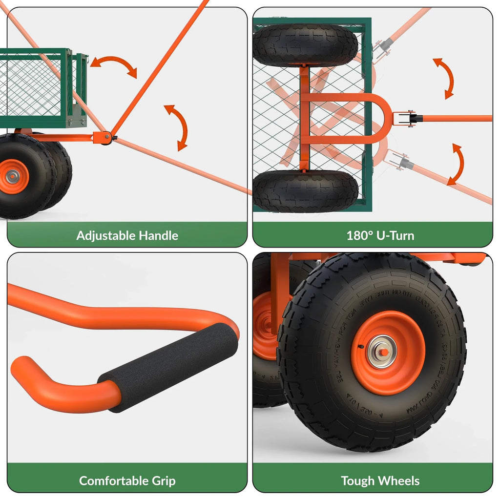 Heavy Duty Steel Garden Cart, Garden Wagon Cart on Wheels, Outdoor Metal Yard Utility Wagon Carts w/Adjustable Handle & Removable Sides(Convert to Flatbed)