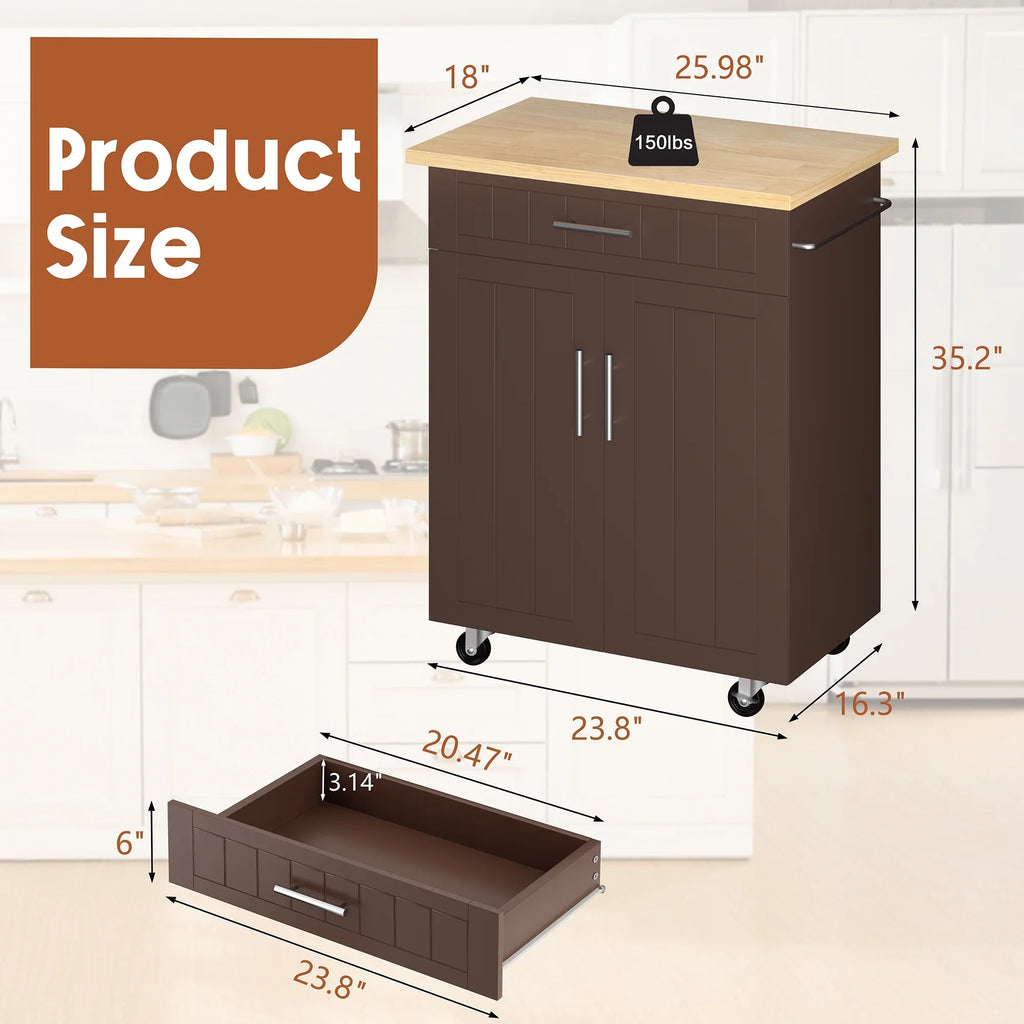 Walsunny Kitchen Island Table Stand with Storage on Wheels,Rolling Kitchen Cart Storage Cabinet with Drawer,White