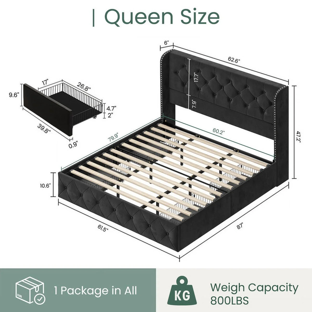 LARMACE Queen Size Platform Bed Frame with 4 Storage Drawers and Tufted Headboard Linen Upholstered Bed Wingback Bed Frame with Wooden Slats Support, Easy Assembly, Light Grey