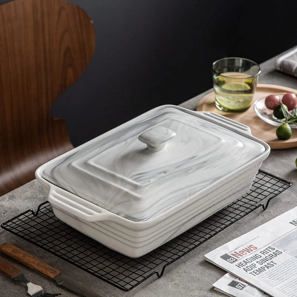 Large Ceramic Casserole Dish with Lid, 4.4 Quart Baking Pan for Oven, Microwave & Dishwasher