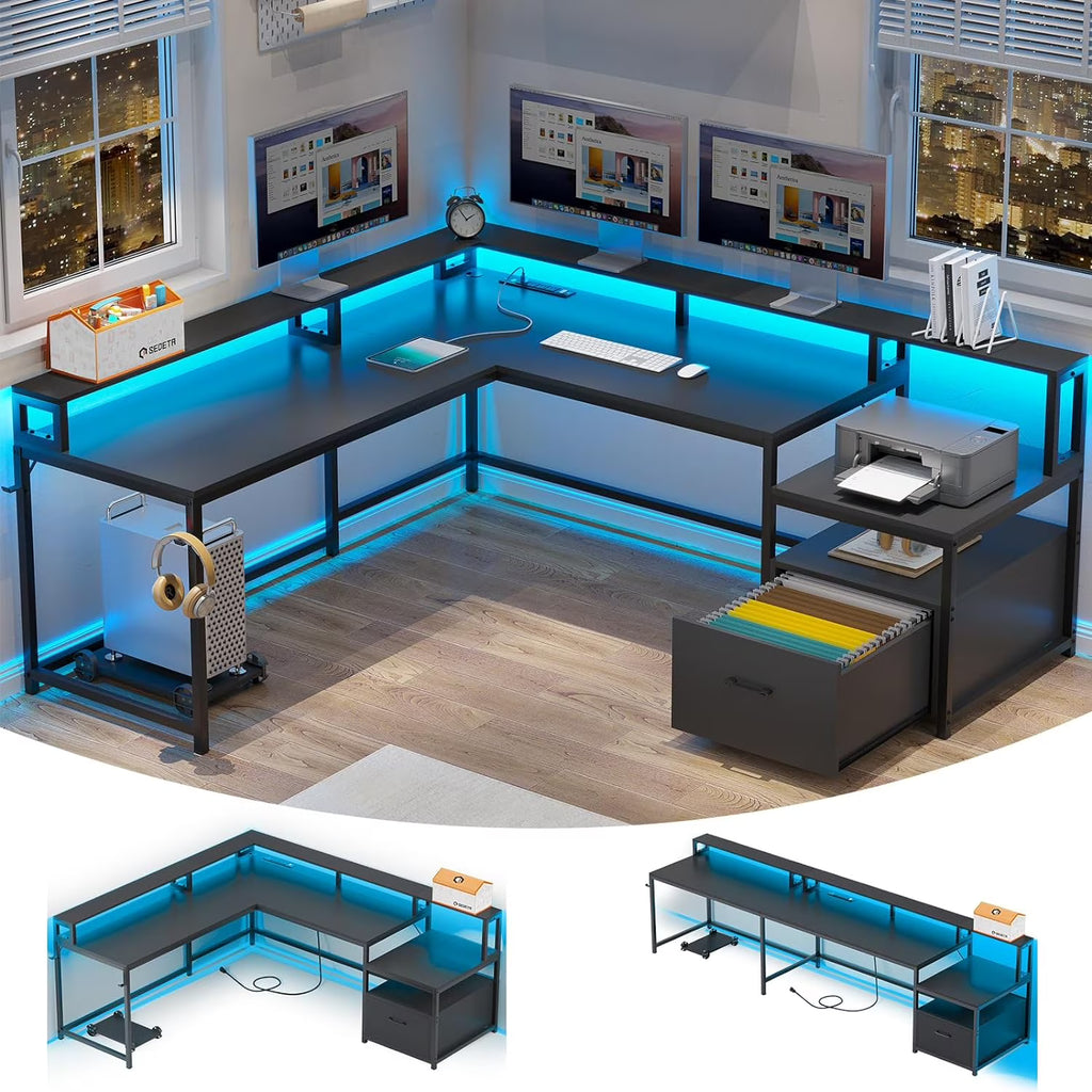 L Shaped Desk with Power Outlet and LED Lights, Corner Computer Desk with File Drawer for Home Office, Gaming Desk, Rustic Brown