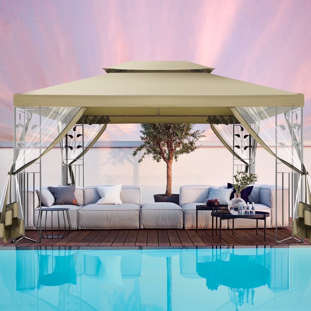 COBIZI 10' x 13' Pop Up Gazebo, Screened Patio Gazebo, Outdoor Steel Double Roof Canopy Tent, Metal Frame Canopy with Mosquito Netting, Sunshade for Garden, Lawns, Gray