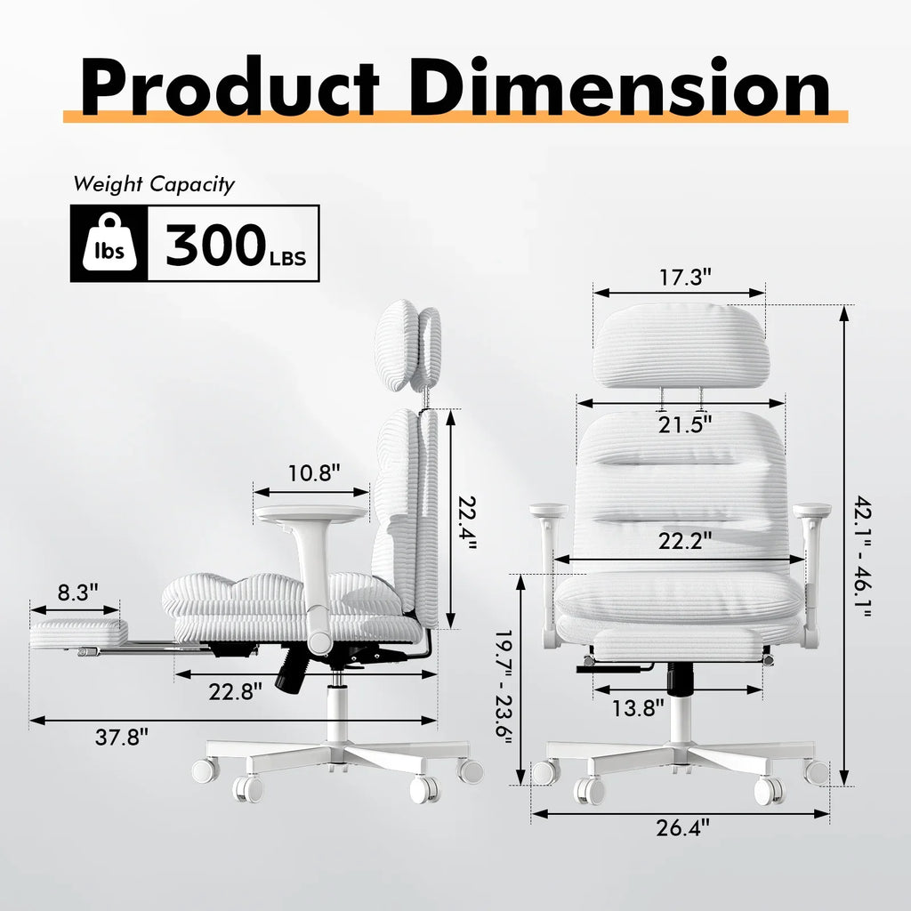 Solfway Criss Cross Chair with Wheels & Flip-up Arms, Executive Office Chair with Foot Rest, Swivel Cross Legged Office Chair, White Corduroy Fabric Comfy Computer Desk Chair, Vanity Chair for Home
