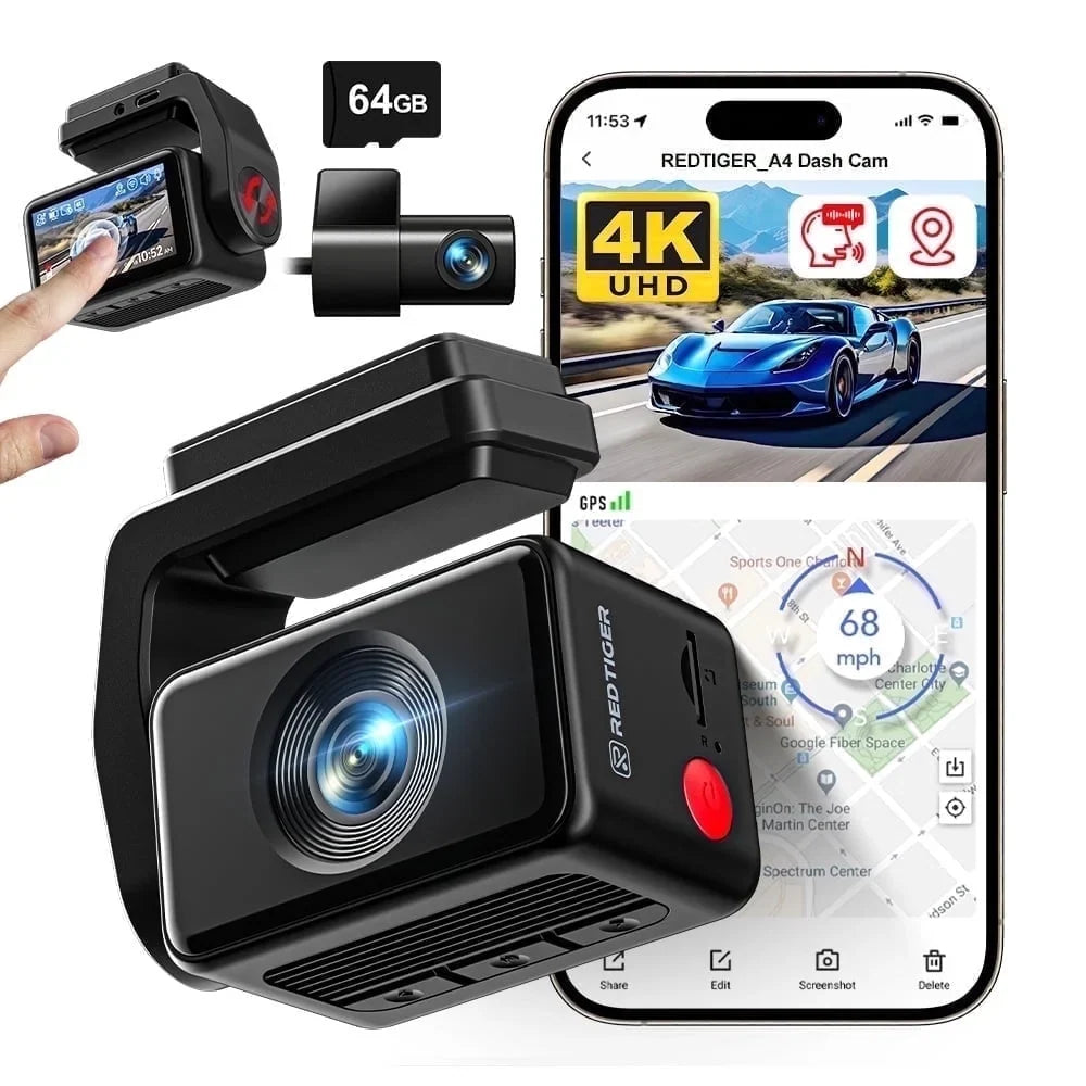 REDTIGER A4 Dash Cam 4K, Dash Cam Front and Rear with 5.8G Wifi & GPS, Touch Screen Dash Cam, Voice Control, Super Night Vision, G-Sensor, Free 64GB Card