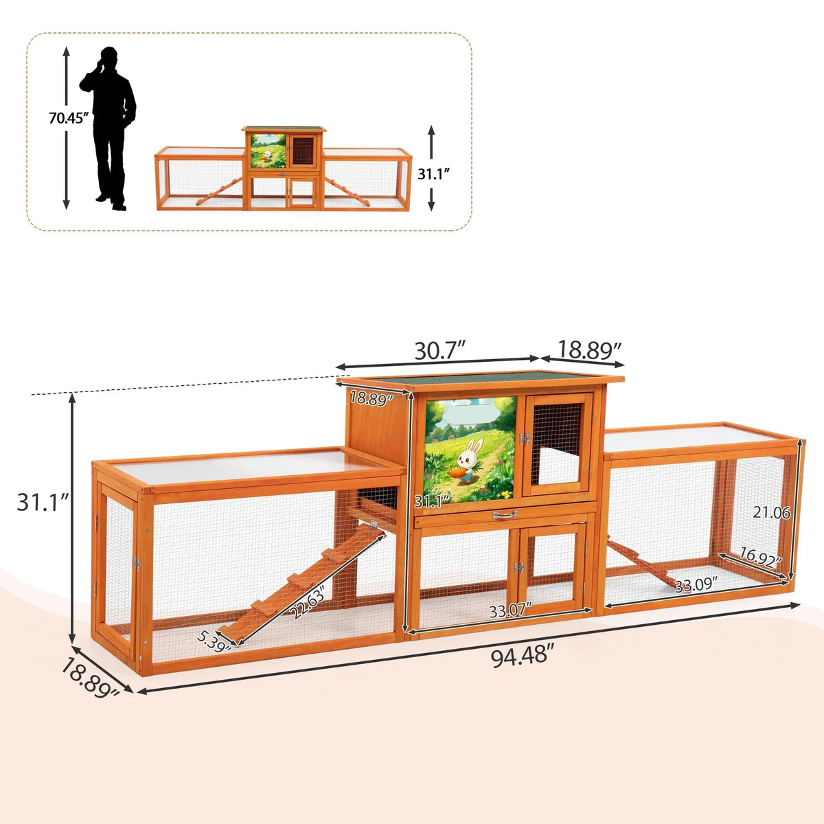 COZIWOW 94'' Wooden Large Rabbit Hutch with Pull Guinea Pig House Chincken Coop Gray