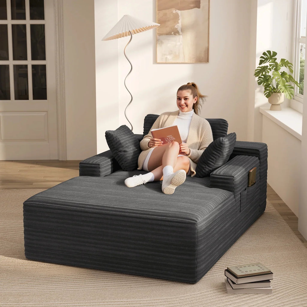 Lofka Oversized Chaise Lounge Indoor, 66"D Corduroy Upholstered Boneless Sofa Bed for Reading on Living Room & Bedroom, No Assembly Required (Beige)
