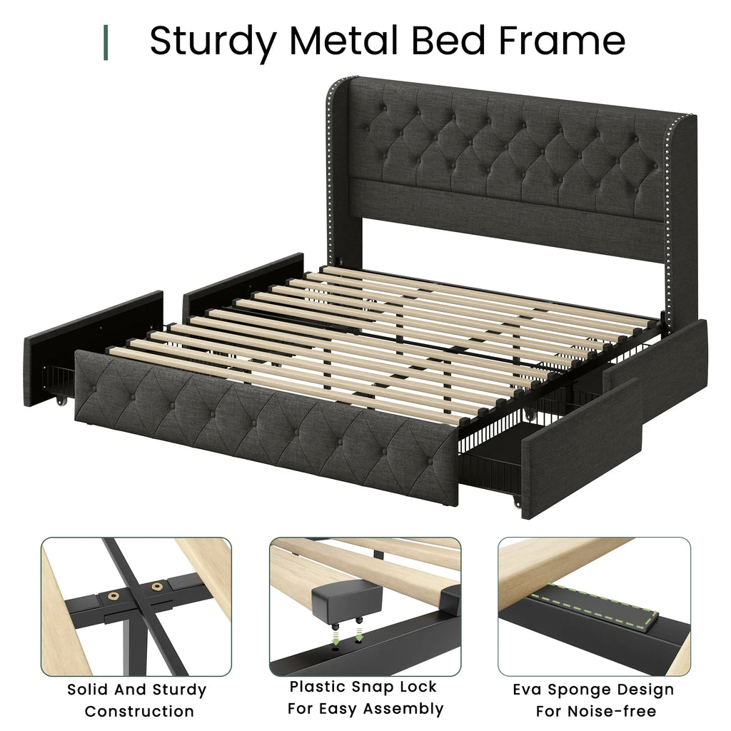 LARMACE Queen Size Platform Bed Frame with 4 Storage Drawers and Tufted Headboard Linen Upholstered Bed Wingback Bed Frame with Wooden Slats Support, Easy Assembly, Light Grey