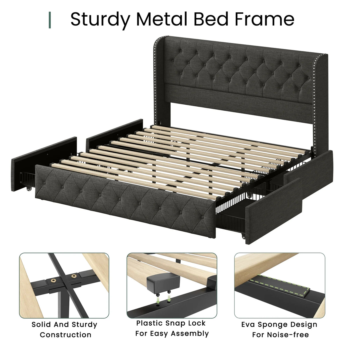 LARMACE Queen Size Platform Bed Frame with 4 Storage Drawers and Tufted Headboard Linen Upholstered Bed Wingback Bed Frame with Wooden Slats Support, Easy Assembly, Light Grey