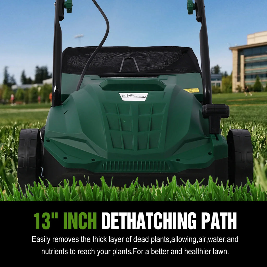 2-in-1 13" Dethatcher & Scarifier, 12 Amp Electric Garden Lawn Mover, Removable Collection Bag extra large 32QT