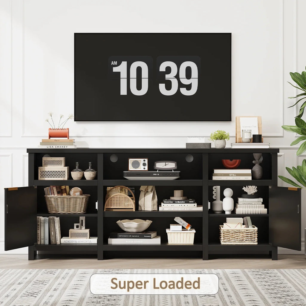 Planntonneo Mid-Century Modern Fluted TV Stand Wooden Media Console Entertainment Center for Living Room, Walnut Color