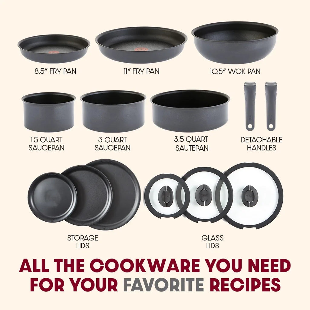 T-fal Ingenio Expertise Nonstick 14-Piece Cookware Set, Induction Oven Safe up to 500F, Detachable Handle, Onyx Black