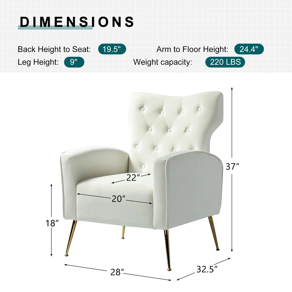 Modern Velvet Accent Chair Upholstered Sofa Armchair Button Tufted Metal Legs Adult Bedroom Home Living Room Grey