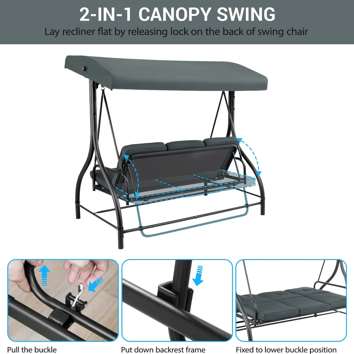Pirecart 3 Person Patio Porch Swing Outdoor Converting Swing Glider Hammock with Adjustable Canopy, Cushions, Red