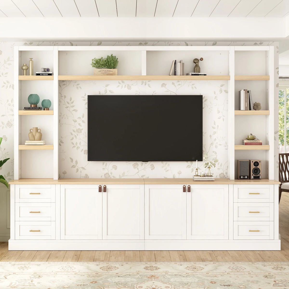 Euroco 102.3"W Farmhouse 4-Piece Entertainment Center Wall Unit with Adjustable Shelf, Modern Large TV Stand with Bookshelves
