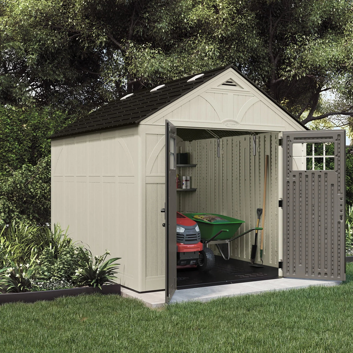 Suncast Metal and Resin Storage Shed, Vanilla, 8ft x 10ft, 547 Cu. ft. coverage area