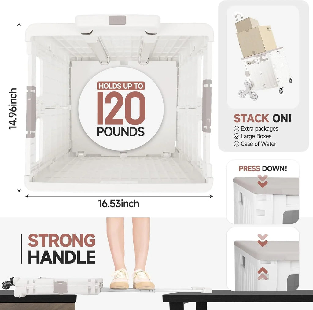 Collapsible Rolling Crate for Stair Climbing: Rolling Cart for Shopping Teacher Laundry (Milky White)