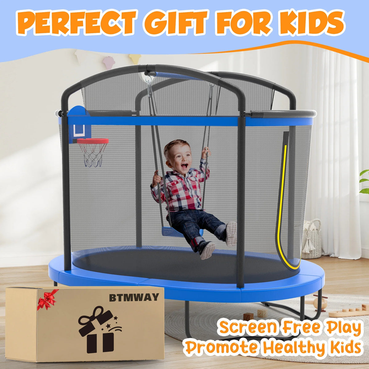 SHINPT 4x6FT Toddler Trampoline for Kids, Kids Indoor Trampoline with 771LBS Load-Bearing Capacity, Mini Trampoline Indoor & Outdoor, Small Trampoline with 4 Accessories & Adjustable Gymnastics Bar