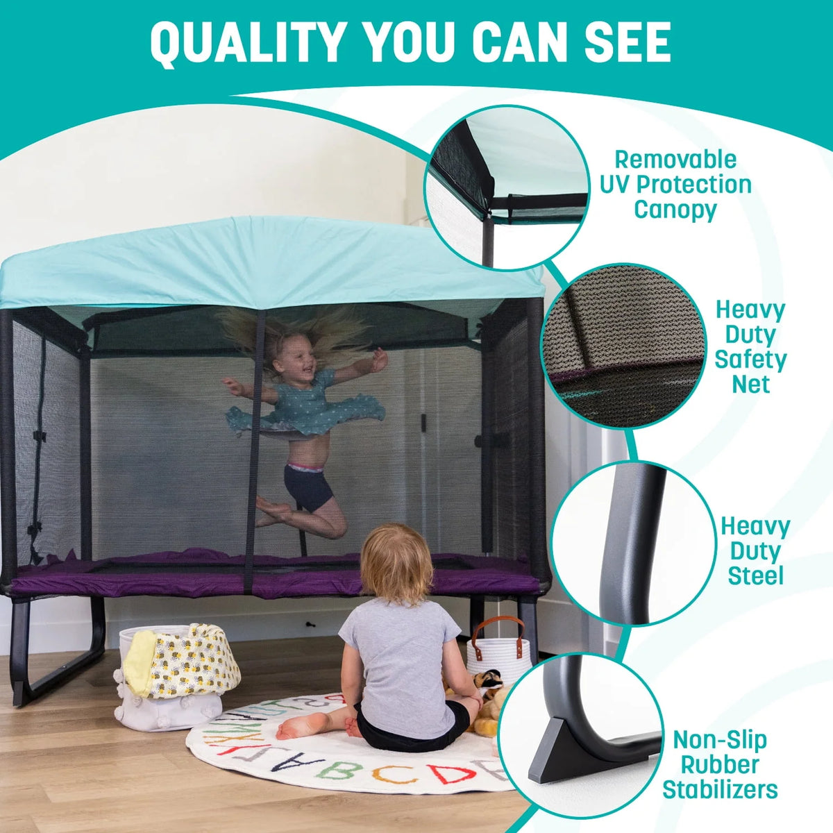 Skywalker Trampoline 6x4ft Rectangle Trampoline with Enclosure Net for Kids and Toddlers, up to 200 LB Safe and Stylish Design Blue and Purple