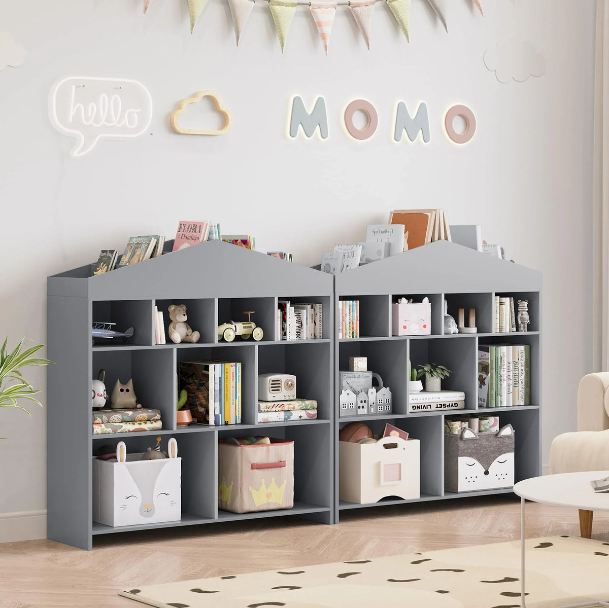 DSstyles Kids Bookshelf 9-Cubby Toy Storage Organizer White Bookcase Toddlers Playhouse Cabinet Shelf for Boys Girls Wooden Storage Toy Shelf for Playroom, Nursery, Kids Room