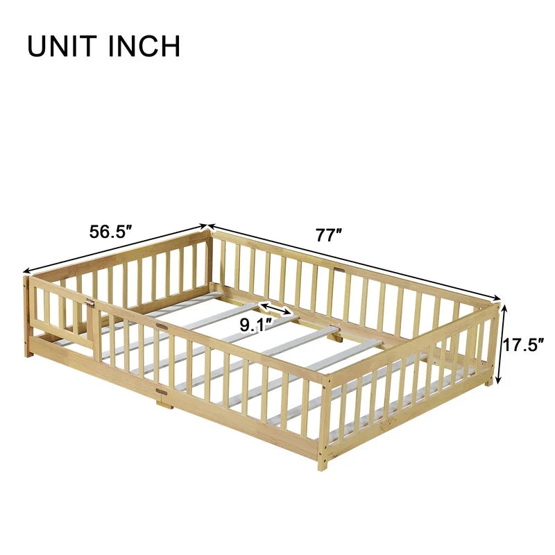Bellemave Twin Size Floor Beds, Wood Montessori Bed with Fence Railings & Support Slats, No Box Spring Needed (Gray"