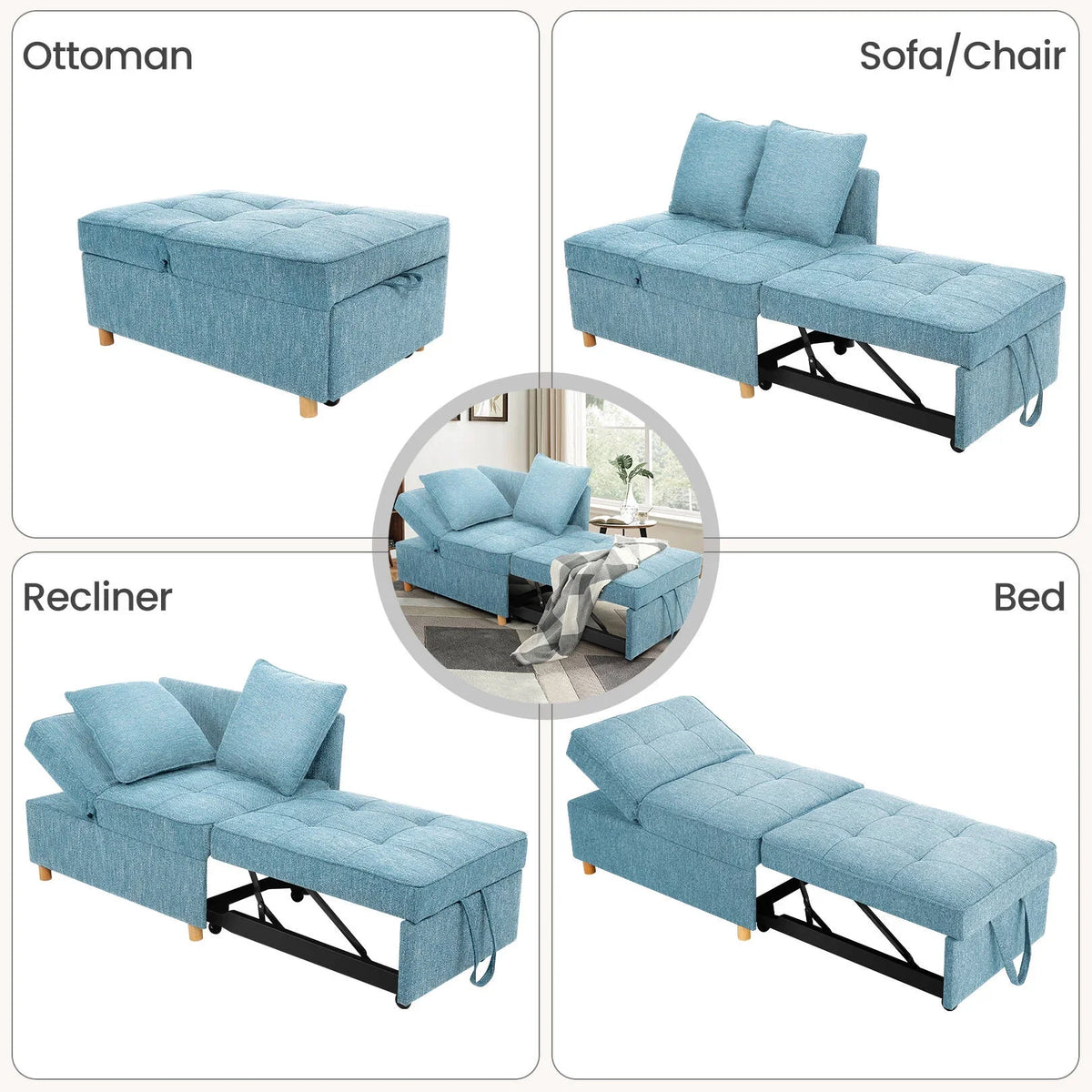 SEJOV 4-in-1 Convertible Sleeper Chair Bed, Linen Sofa Bed for Small Space, Futon Sofa with 2 Throw Pillows for Living Room, Single Recliner with 5 Adjustable Backrest for Bedroom Apartment, Brown
