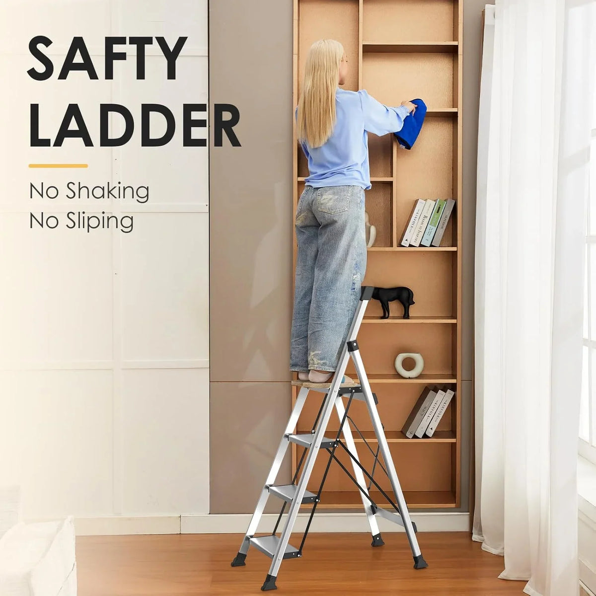 HBTower 4 Step Ladder with Tool Tray, Aluminum Anti-Slip Folding Step Stool for Adults, 330lbs Capacity, Light Weight Portable Ladder for Kitchen Warehouse Outdoor Work