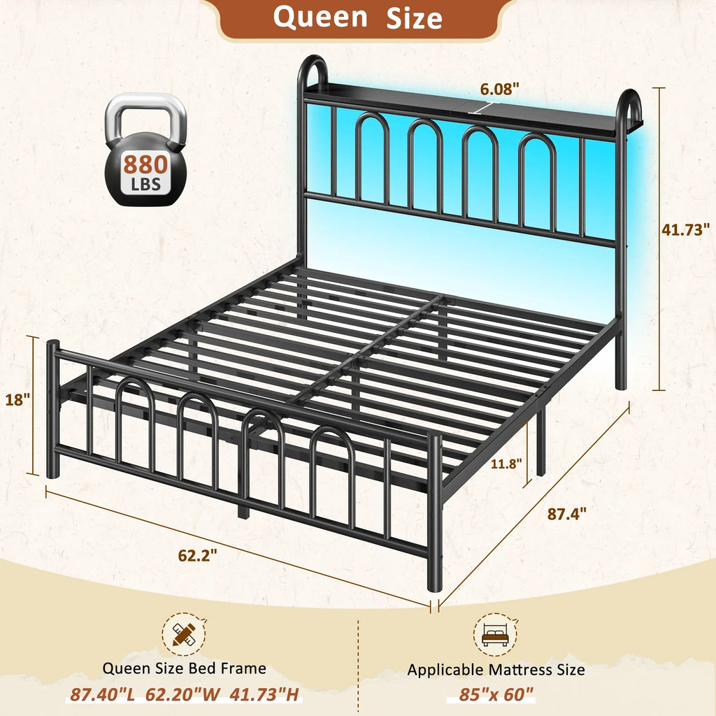 EnHomee Queen Size Metal Platform Bed Frame with Headboard Metal Bed Frame with LED Lights Queen Bed Frame with Underbed Storage,Black