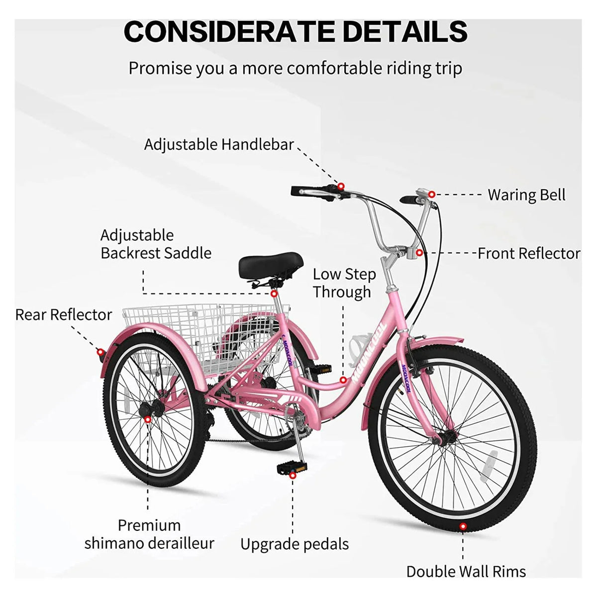 MOONCOOL Adult Tricycles with Rear Basket & Inflator, 24 26 inch 7 Speed 3 Wheel Bikes, Three-Wheeled Bicycles Adult Trike with Backrest for Seniors, Women, Men