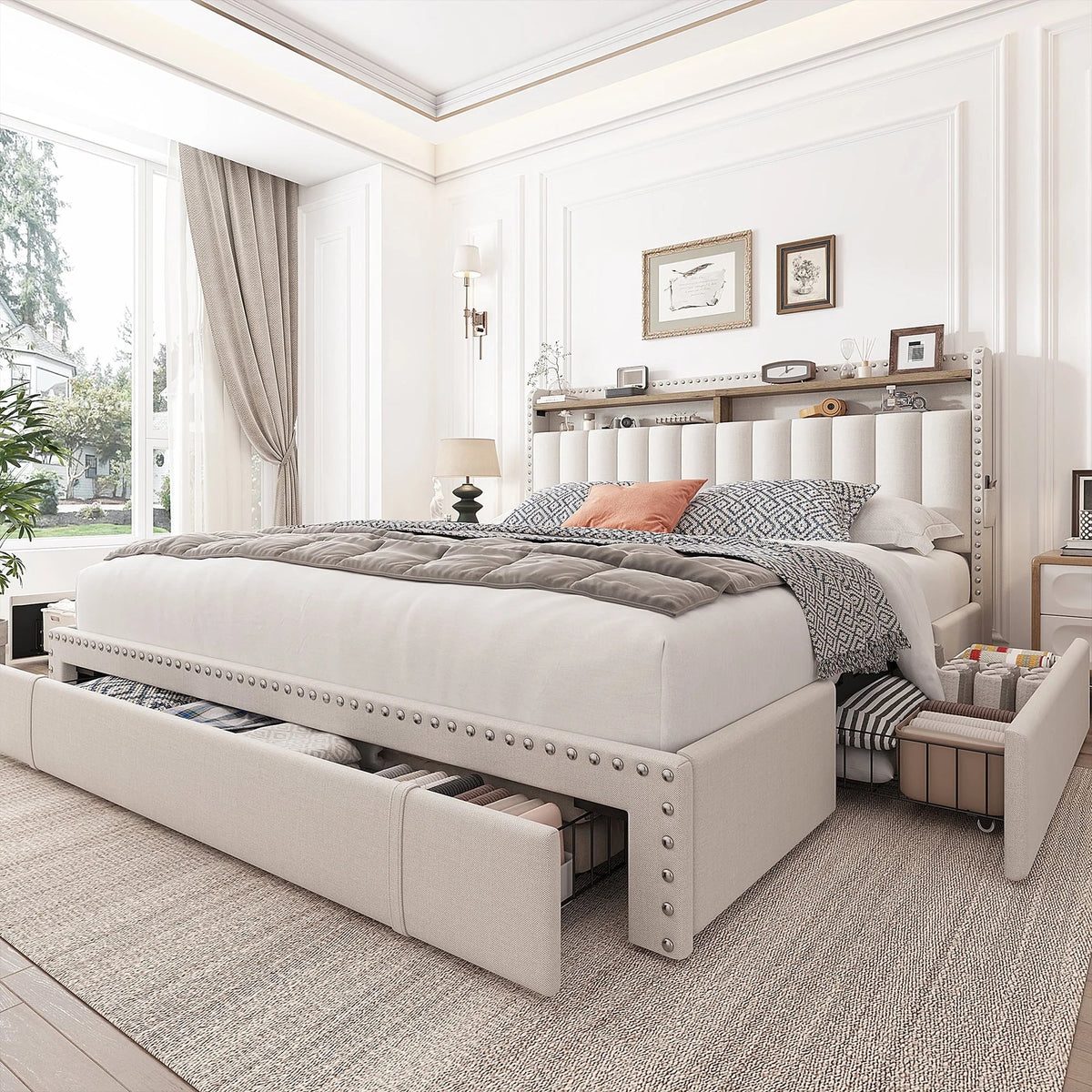 EnHomee Queen Bed Frame with 3 Storage Drawers Upholstered Queen Size Bed Frame with Headboard Noise Free Platform Bed with Metal Frame & Wood Slats Support Beige Bedroom Furniture for Adults Clothes