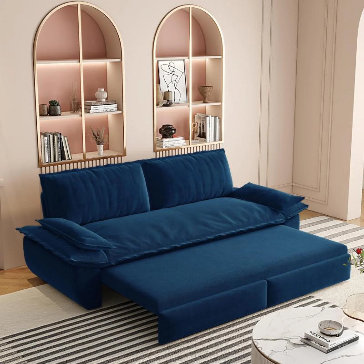66" Queen Pull Out Sofa Bed, 3-in-1 Convertible Sleeper Sofa with Side Storage,Multi-Functional Velvet Loveseat Bed for Living Room,Bedroom