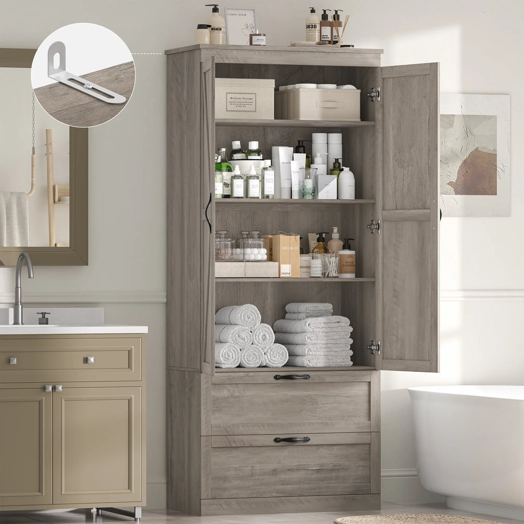 Homfa 70.3"H Bathroom Storage Cabinet, Farmhouse Linen Storage Cabinet with 2 Drawers, White