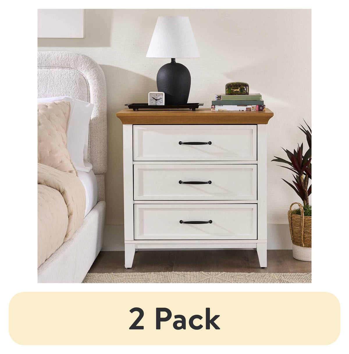 Better Homes & Gardens Canton 3-Drawer Nightstand, Textured White and Light Honey