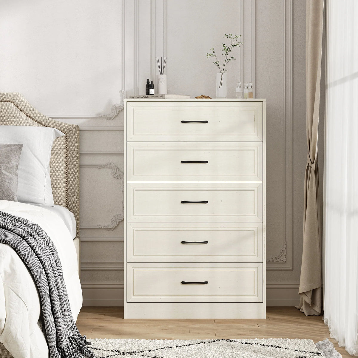 Vabches Farmhouse 5 Drawer Dresser with Metal Handle, Tall Wood Chest of Drawers for Living Room Bedroom,Dark Brown