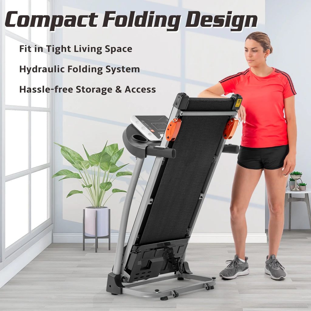EUROCO Folding Treadmill with 7.5mph Speed, Portable Running Walking Compact Exercise Machine with 12 Preset Program, 3-Level Incline, Device Holder and Pulse Sensor for Home