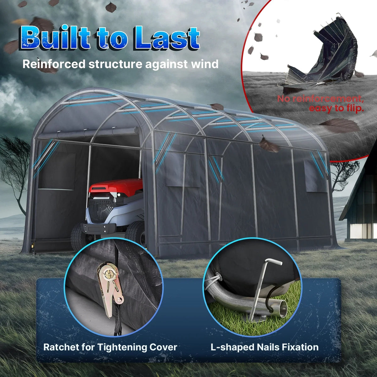 ADVANCE OUTDOOR 10x15 ft Shelter Storage Shed Steel Metal Round Roof Anti-Snow Portable Garage Carport for Motorcycle, Boat, or Garden Tools with 2 Roll up Doors & Vents, Gray