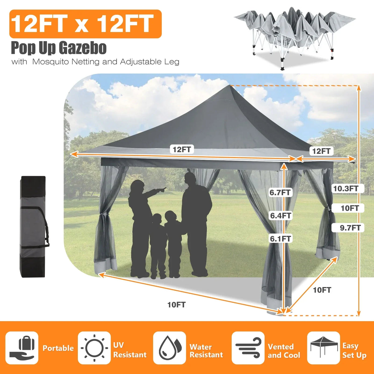 HOTEEL 12x12 Outdoor Pop-up Gazebo Canopy with Mosquito Netting 2-Tiered Vented Top 3 Adjustable Height for Backyard, Garden, Lawn,Light Grey