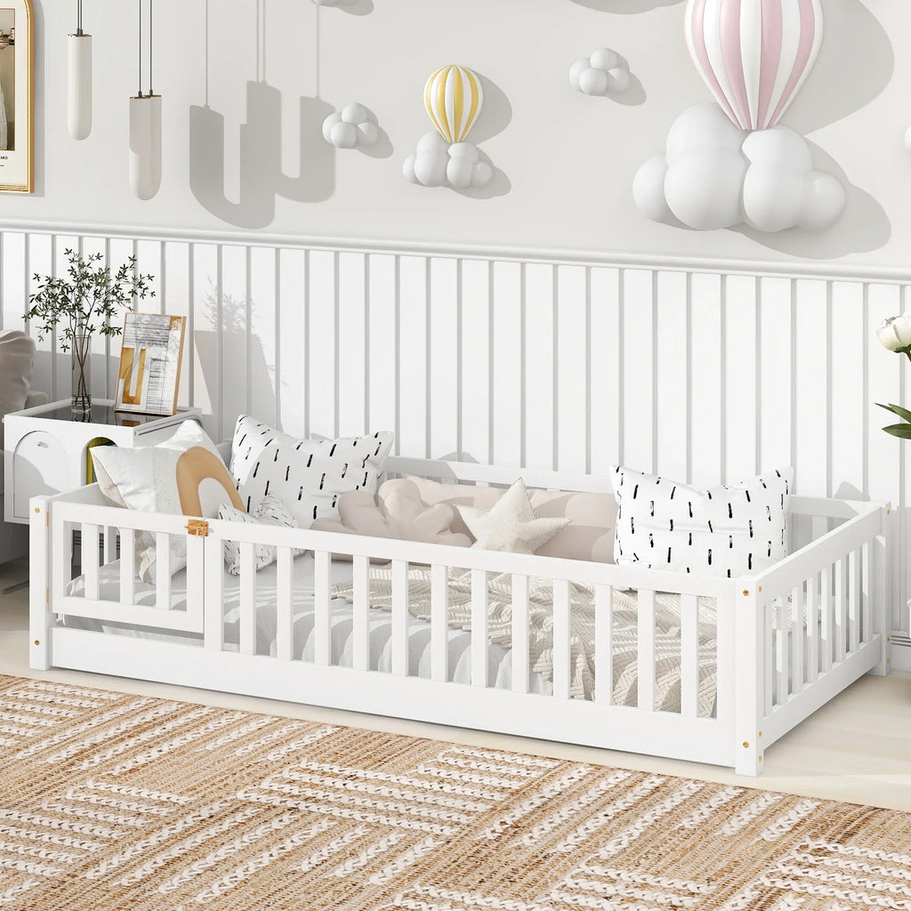 PAPROOS Twin Size Floor Bed, Solid Wood Toddler Bed with Slat, Fence Guardrail and Door, No Box Spring Needed, Montessori Bed, Twin Bed for Kids, Boys, Girls, Gray
