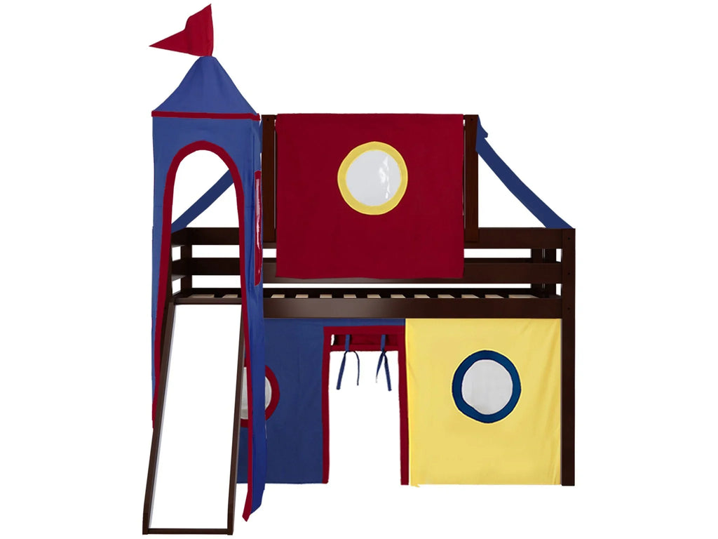 JACKPOT! Castle Low Loft Bed with Slide, Red Yellow and Blue Tent and Tower, Twin, Cherry