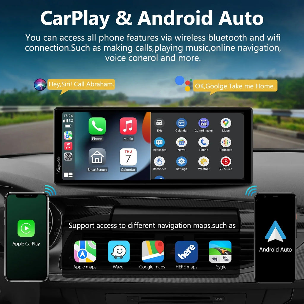Carpuride Wireless Carplay Android Auto with 4K Front Dash Cam 1080P Rear Cam,10.26" HD IPS Touch