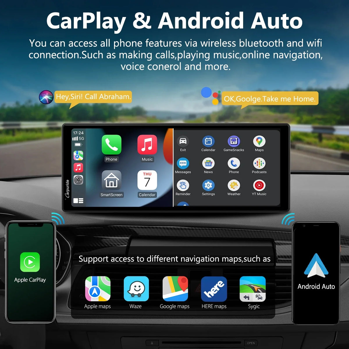 Carpuride Wireless Carplay Android Auto with 4K Front Dash Cam 1080P Rear Cam,10.26" HD IPS Touch