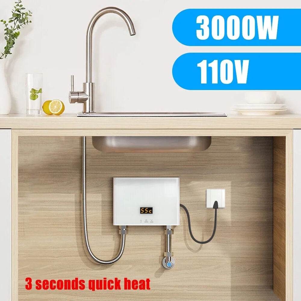 Mini Electric Tankless Water Heater 3000W 110V Constant Temperature Instant Hot Water Heater with Remote Control Digital Display On Demand Hot Water Heater-White